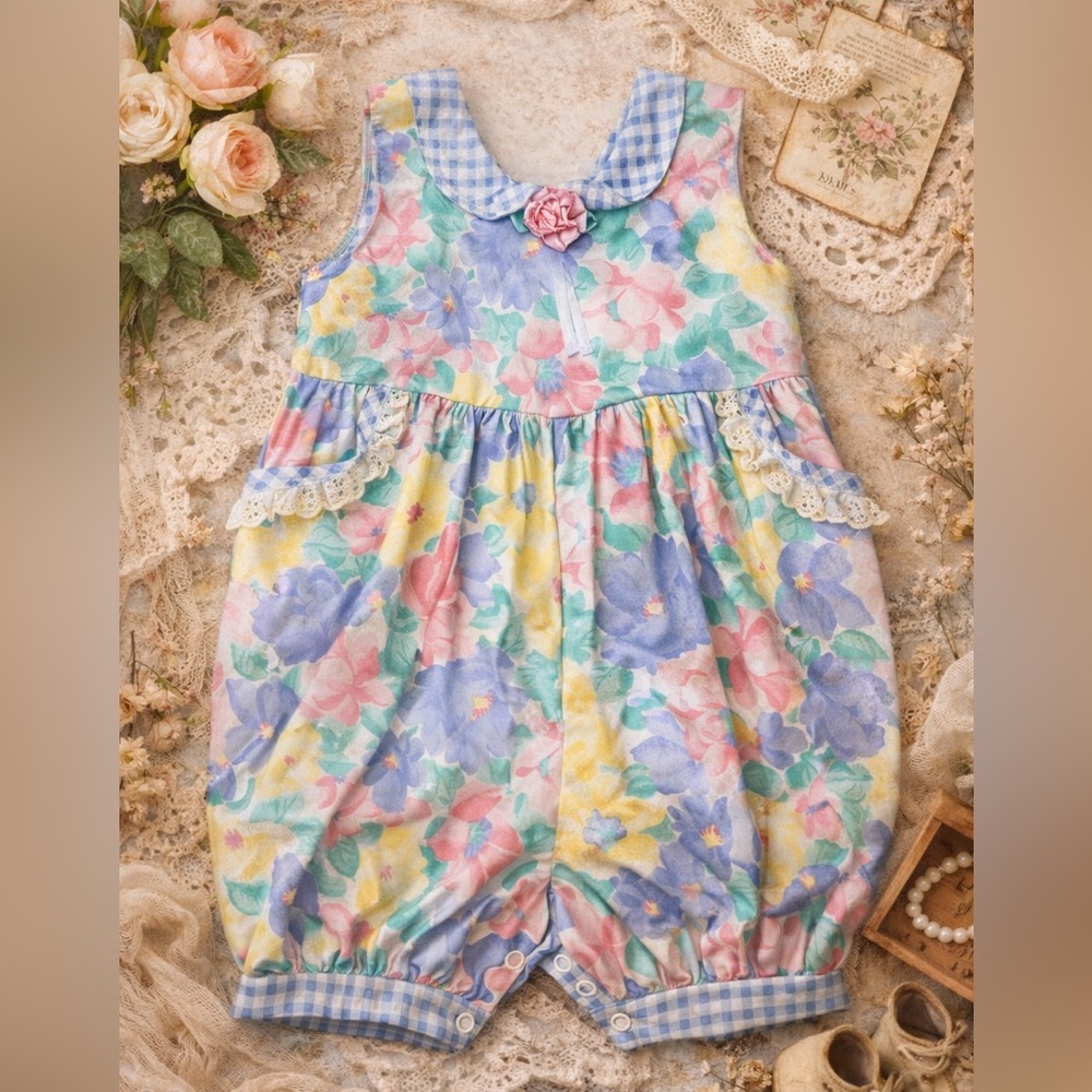 Vintage Buster Brown Baby Romper 24M Floral Gingham USA Made Cottagecore Spring
